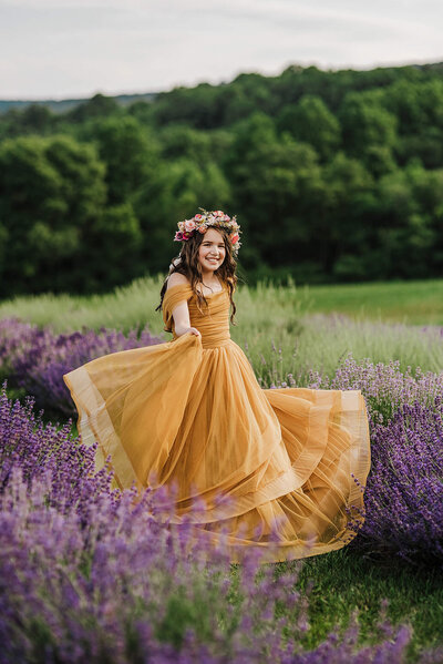 Girl in yellow dress in purple field Jessica Carr Photography