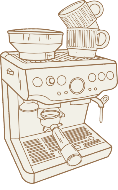 Line drawing of an espresso machine with two stacked coffee cups on top, featuring buttons and a steam wand—perfect for a white label designer seeking inspiration or illustrative elements for a white label design project.
