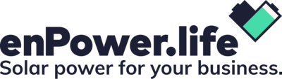 Logo von enPower.life auf weißem Grund. Darunter der Slogan von enPower.life: Solar energy for your business.