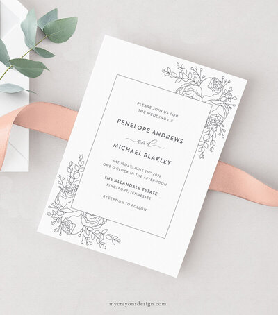 botanical wedding invitation set with fine line peonies