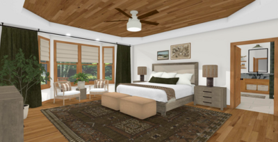A beautifully designed bedroom featuring a wooden ceiling and earthy tones, highlighting Signature Renovating's ability to create warm and inviting spaces.