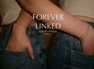 Two people stand close together, their arms intertwined, each wearing delicate chain bracelets. The text overlay reads "FOREVER LINKED", followed by "ALWAYS UNIQUE" and "LINKSBYLIV" in smaller text. Representing Olivia Mercer's participation in the Crush Collective wedding expo.