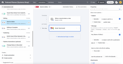 Podcast Planner Send to Editor Automation
