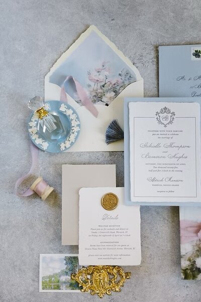 Invitation suite in dusty blue by Vermont Wedding Photographer Sincerely Liz Photography