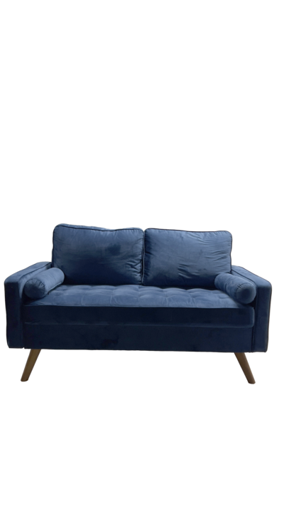 Stunning, navy blue/dark midnight blue fabric upholstered modern looking settee small accent couch available for rent in Milwaukee, perfect for adding some style and elegance to a photoshoot, photobooth, focal area at a wedding, conference, birthday party, bridal shower or baby shower.