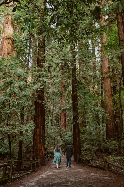 couple walking along trail with redwood forest in the background in Big Sur, CA