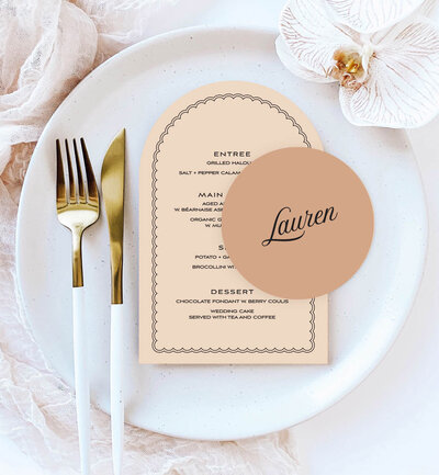 Arch menu and wave place card in big love design, neutral colours