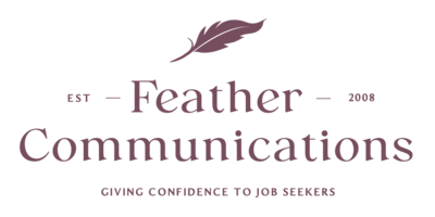 Logo with the words "Feather Communications - giving confidence to job seekers" and a simple feather icon