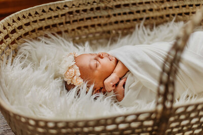 newborn baby in white and flower crown in basket near eau claire wi