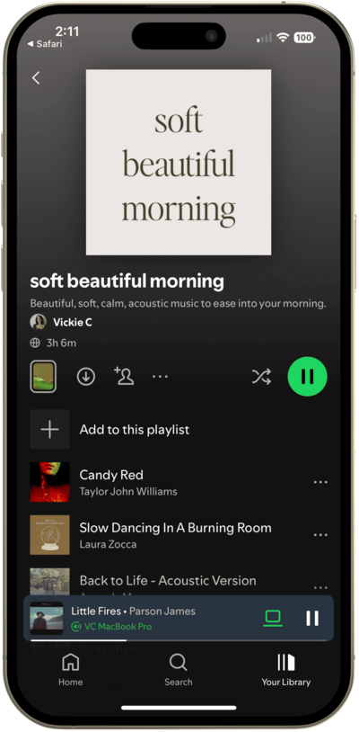 iPhone screen displaying a Spotify playlist titled ‘Soft Beautiful Morning,’ featuring calm and acoustic music curated to ease into the day.