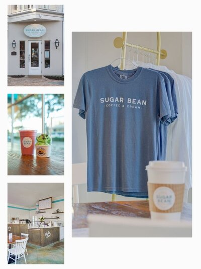 Sugar Bean branding in use — exterior signage, branded T-shirts, Blue Bell ice cream, coffee cups, and interior details reinforcing brand identity.