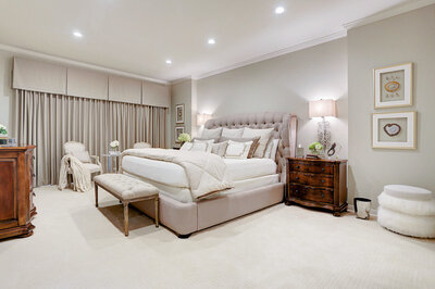 Master Bedroom in Transitional Style Designed by Two Sisters Designs.