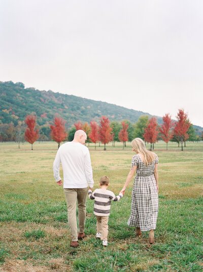 Film image of a family of three walking away into a field of fall colors in Little Rock