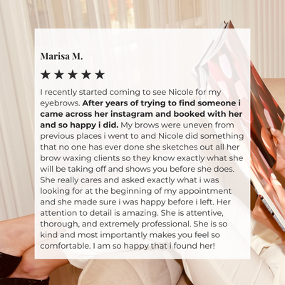 happy client with brow tinting and brow waxing experience at Essentials by Nicole West Springfield MA