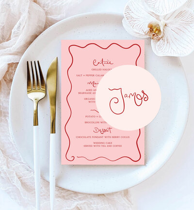 menu and round place card in poeme design, neutral colours