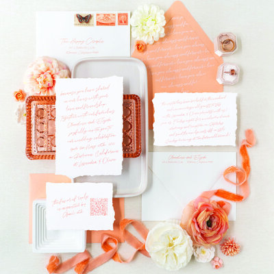Deckled edge wedding invitation with peach envelope, envelope liner, ribbon, vintage postage, envelope address printing, QR code RSVP card