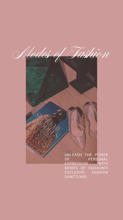 Modes of Fashion logo with a flatlay photo of shoes and books on a pink background