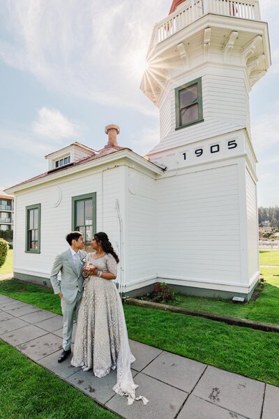 bride and groom holding hands in Beechers loft