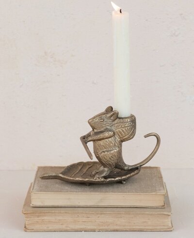 Cast Metal Mouse on Leaf Taper