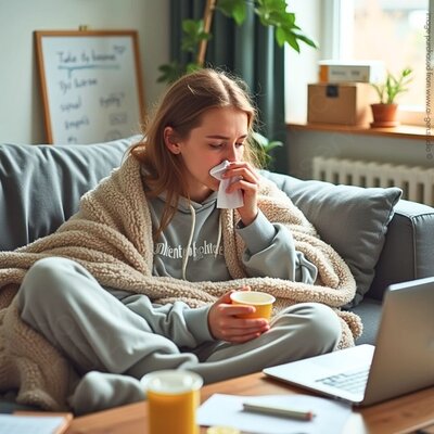Sick woman working from home, representing income protection insurance for New Zealand professionals.