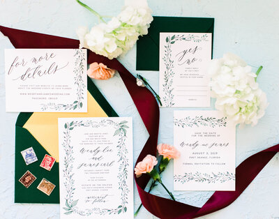 Full hand painted watercolor greenery wedding invitation suite
