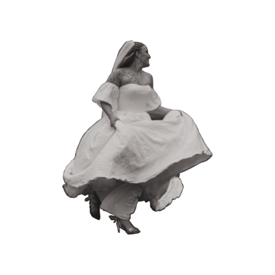 cutout of a bride running and holding her dress