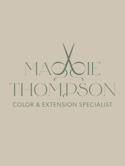 Hair stylist logo with tagline Color & Extension Specialist in soft green typography on a beige background.