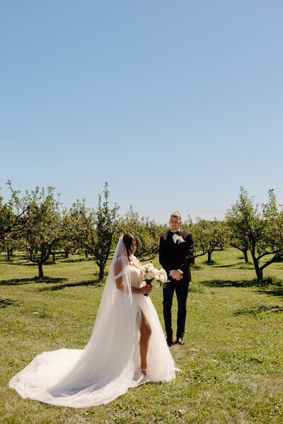 A couple standing in a vineyard together