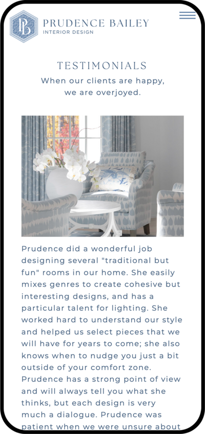 Testimonials page with page title, description, interior photo and testimonial below.