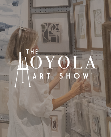 imago of loyola art show logo overlayed photo of artist brittney mcgraw hanging photos on display