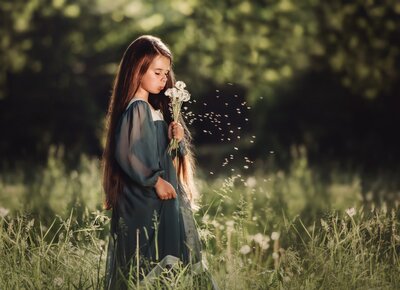 Young girl in field blows into a bouquet of dandelions
