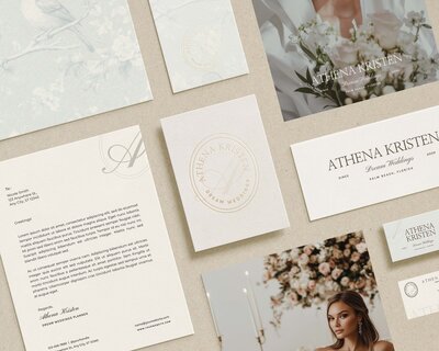 Athena Kristen wedding planner brand suite with elegant logo, letterhead, business cards, and floral imagery — refined stationery set for luxury wedding professionals.