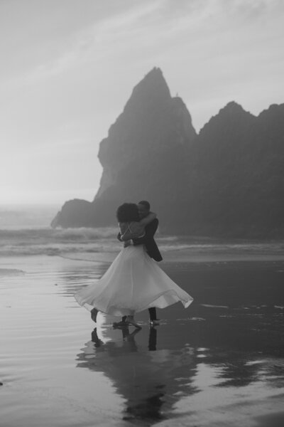 Editorial bridal portrait with dramatic Pacific Northwest ocean views