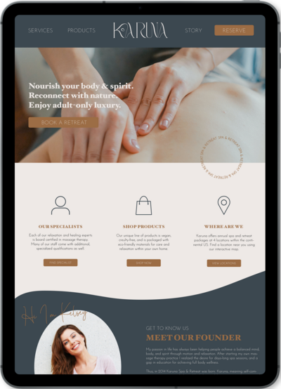 Karuna luxury spa website mockup on a tablet