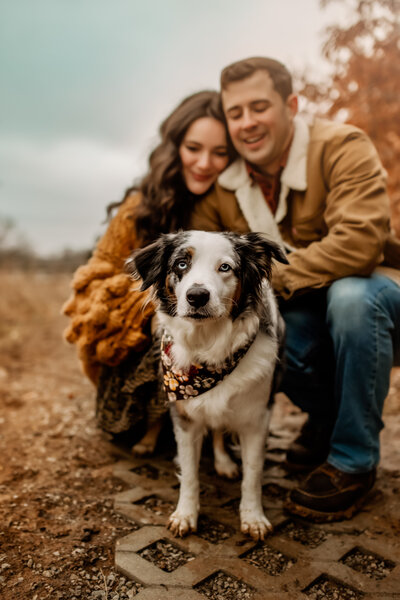 Pregnant woman embraces her husband while they smile at their dog during maternity pictures with Kansas City Photographer.
