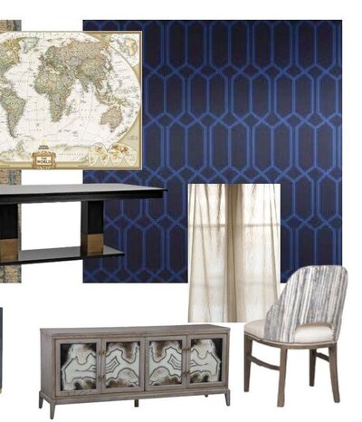 Interior design furniture selections for a high-end dining room in Peoria, AZ, showcasing alternate dining tables, chairs, and credenzas in bold finishes.