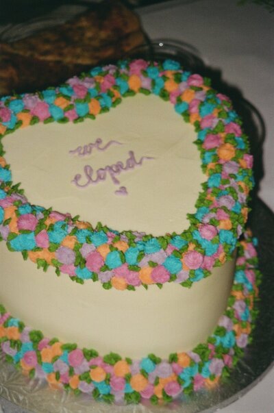 Vintage heart shaped colorful elopement cake captured with film photography 