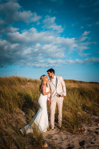 bride and groom in marsh