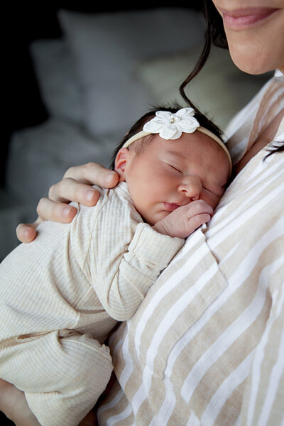 Newborn baby girl lying on mother's chest.