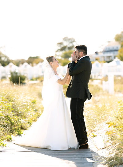 Groom cries during first look with bride at Chatham Bars Inn, Cape Cod wedding photographer