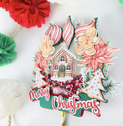 Gingerbread house topper with christmas flowers and house