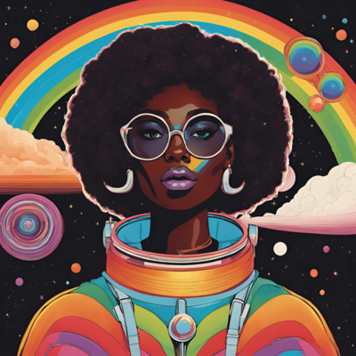 A gorgeous black woman in rainbow space suit in space with a rainbow