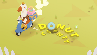 Donut County illustration with a character on a scooter and playful, colorful typography.