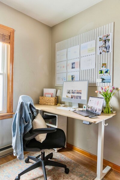 Photographer home office in Michigan with workspace inspiration for creatives, branding clients, and small business owners.