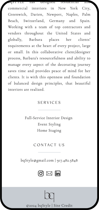 iphone mockup of bq style homepage with services and contact information.