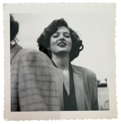 Black and white snapshot of Amy's grandmother looking stylish in 1949