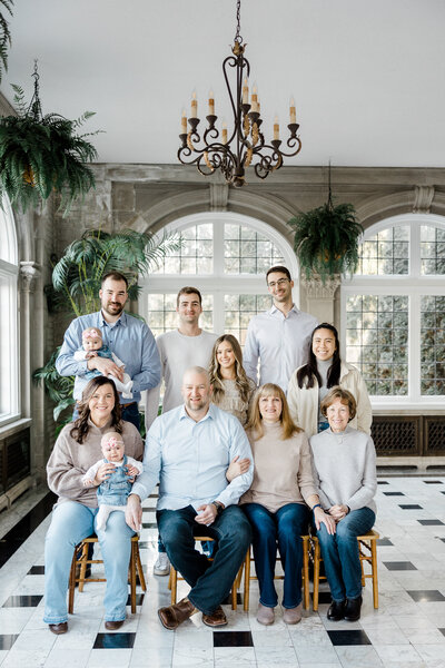 extended family group photo at Laurel Hall in Indianapolis