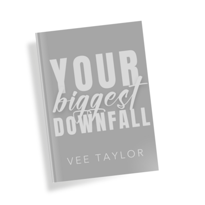 A Grey Book Cover Reads "Your Biggest Downfall" by Vee Taylor - A Hockey Romance Book in her Series called Ravens Hockey Series