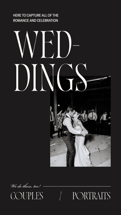 Graphic with black and white Aly Matei wedding photo that says "here to capture all of the romance and celebration: Weddings"