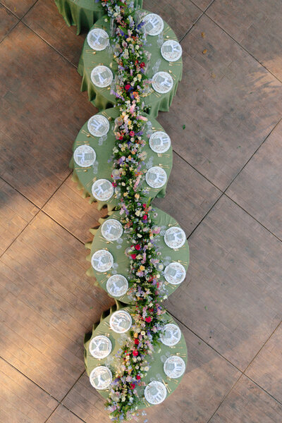 caterpillar tablescape drone photo, green tablecloths